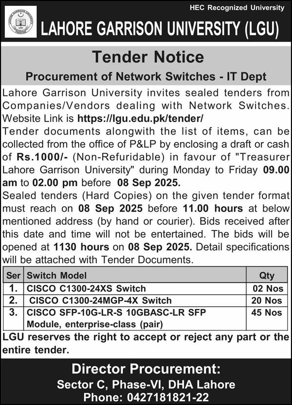 Lahore Garrison University Lahore Tender Notice